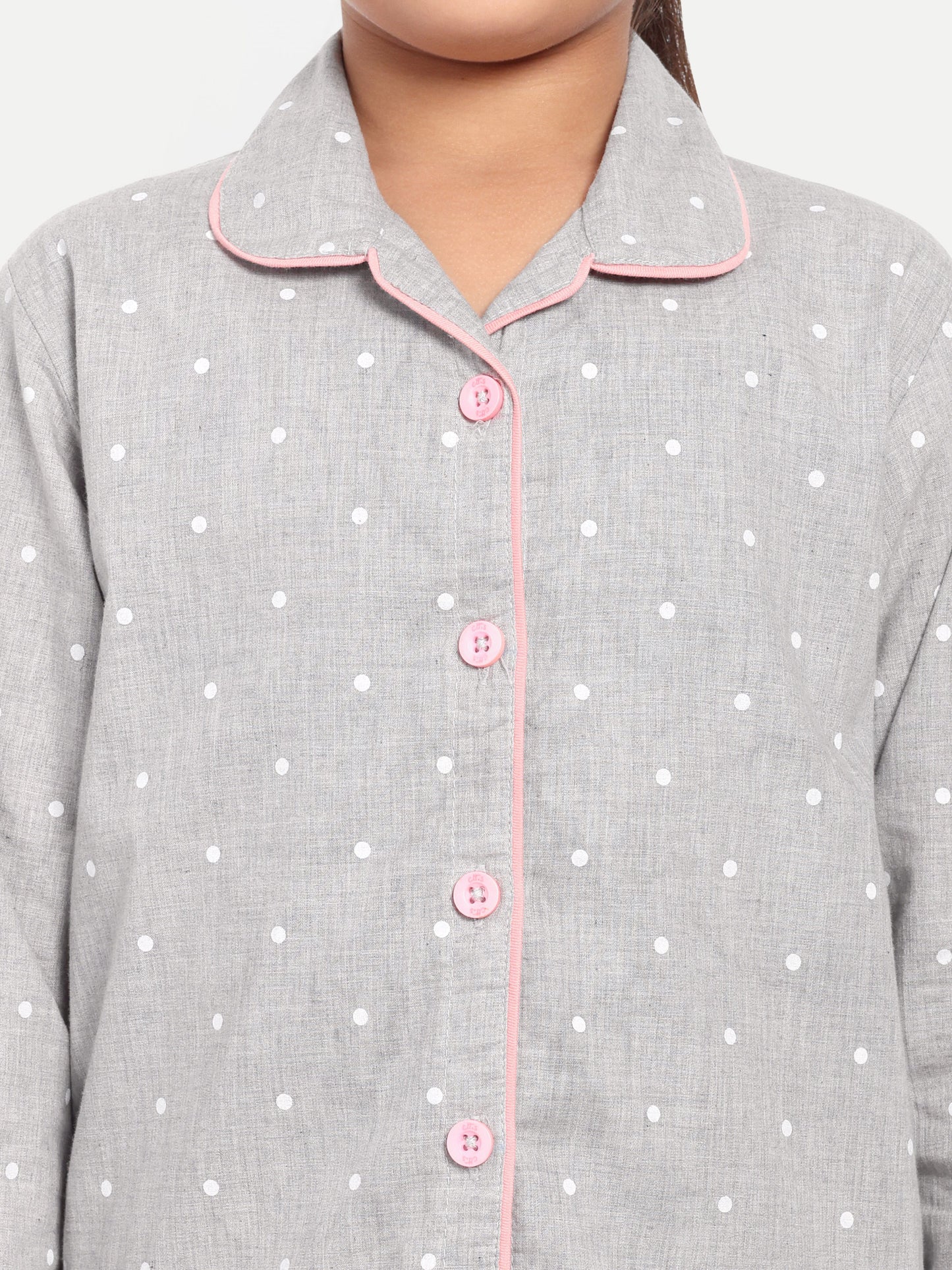 Grey Cotton Woven Polka Dots Full Sleeve Night Suit