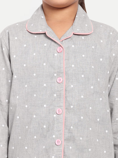 Grey Cotton Woven Polka Dots Full Sleeve Night Suit