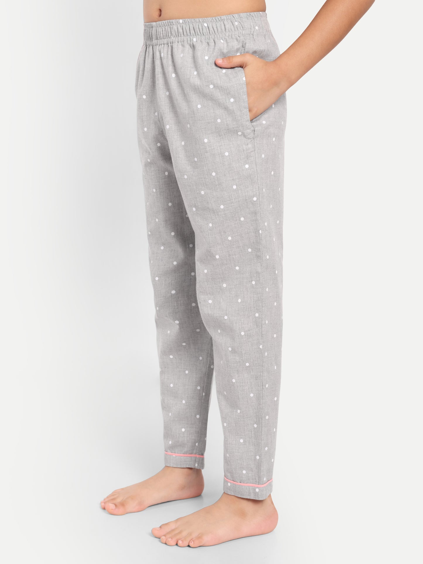 Grey Cotton Woven Polka Dots Full Sleeve Night Suit