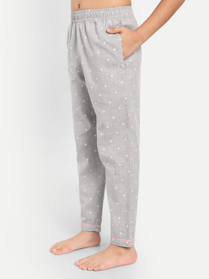 Grey Cotton Woven Polka Dots Full Sleeve Night Suit