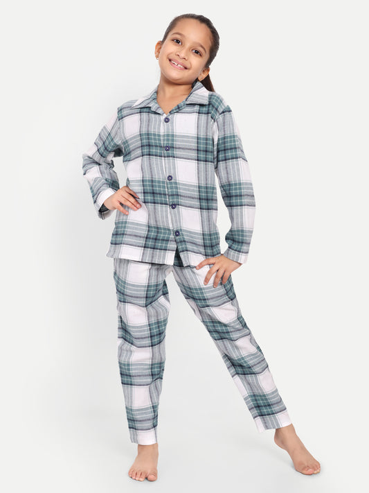 Green Cotton Woven Checked Flannel Full Sleeve Night Suit