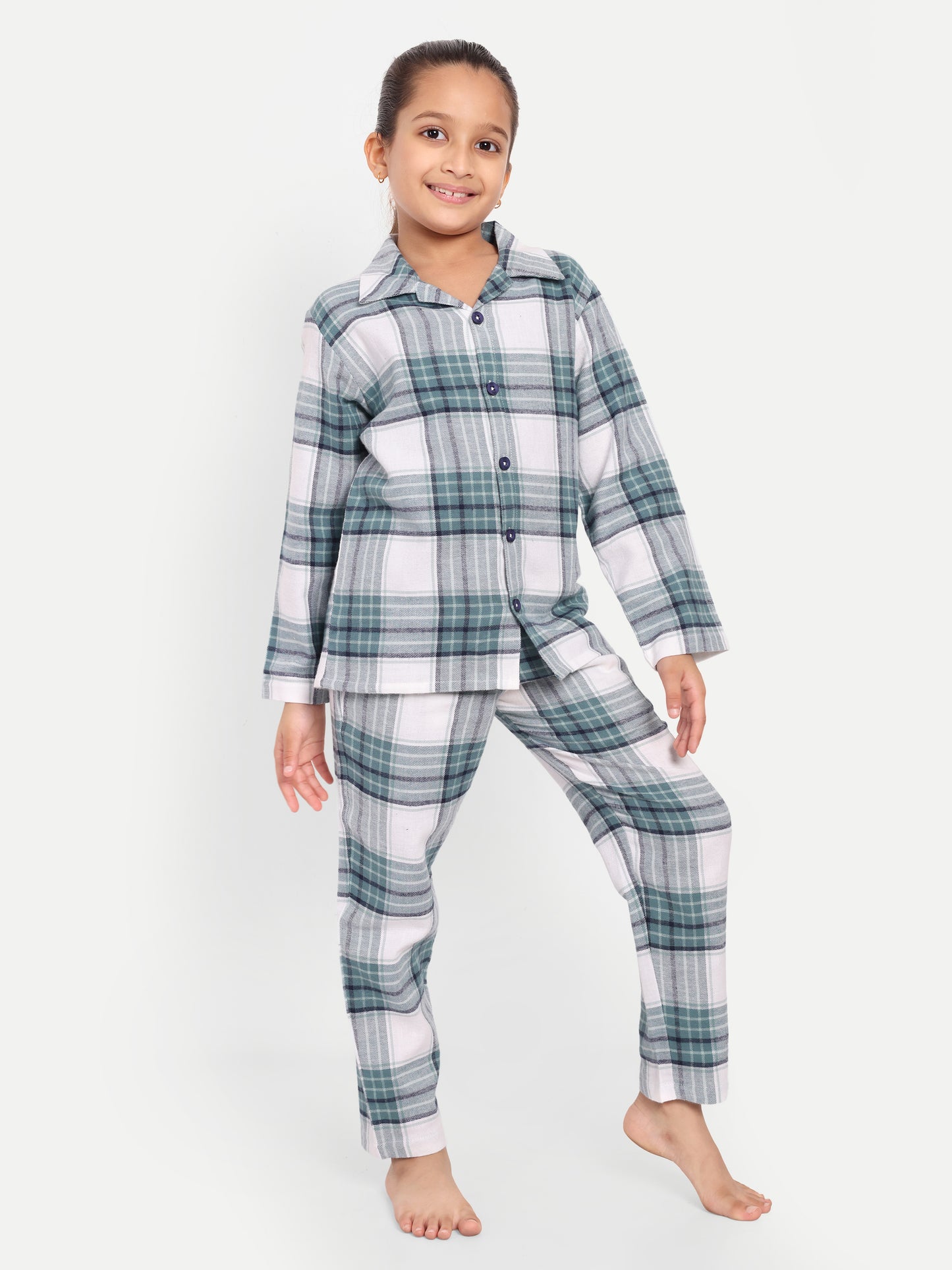 Green Cotton Woven Checked Flannel Full Sleeve Night Suit