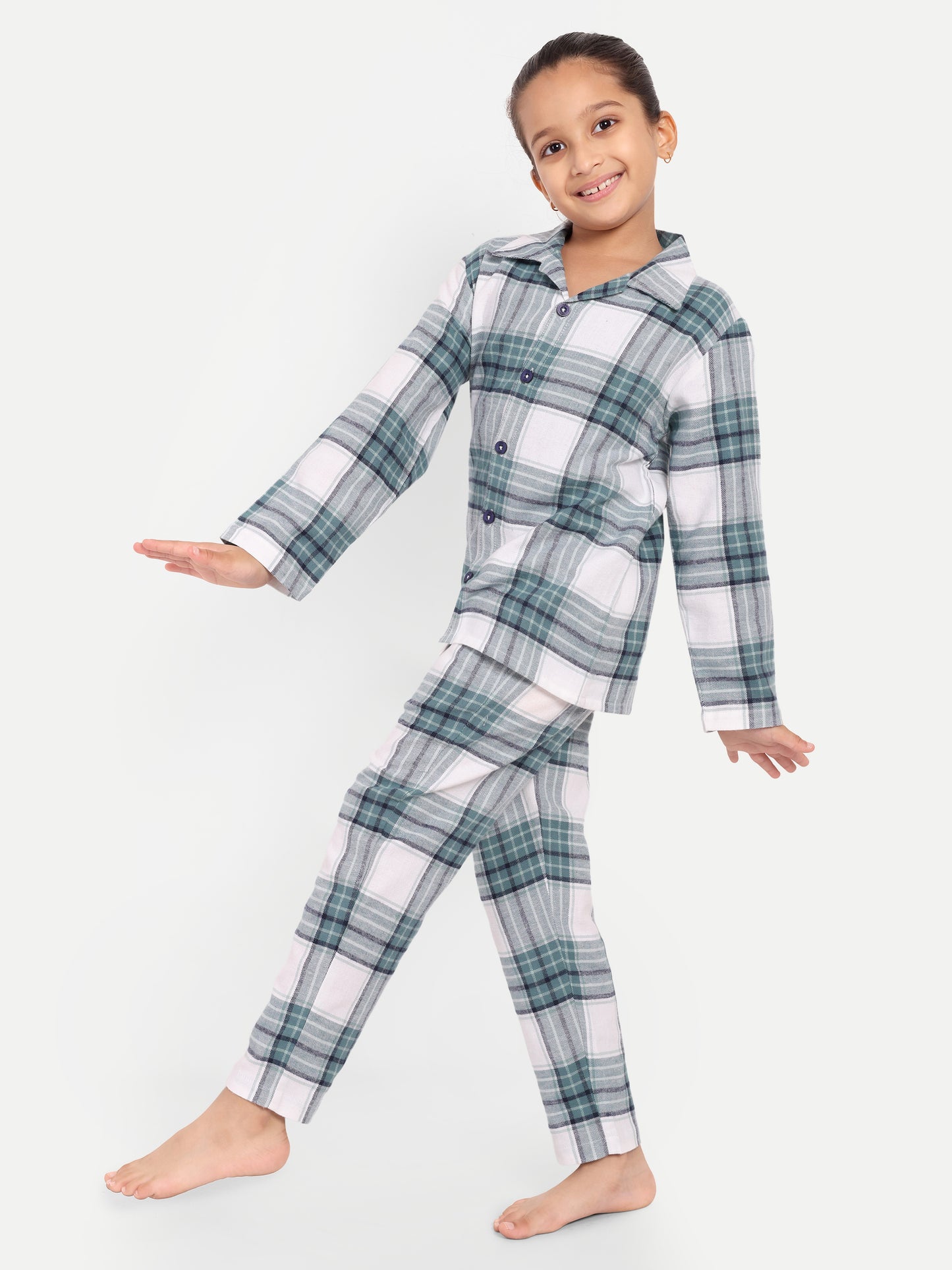 Green Cotton Woven Checked Flannel Full Sleeve Night Suit