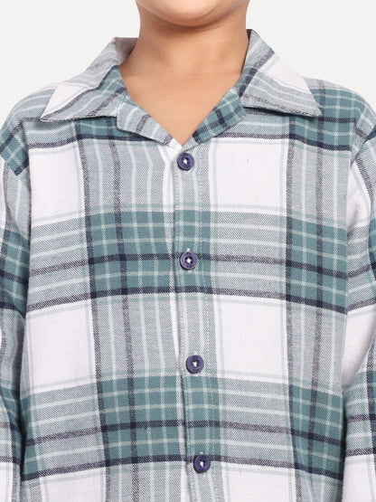 Green Cotton Woven Checked Flannel Full Sleeve Night Suit