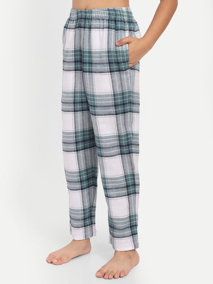 Green Cotton Woven Checked Flannel Full Sleeve Night Suit