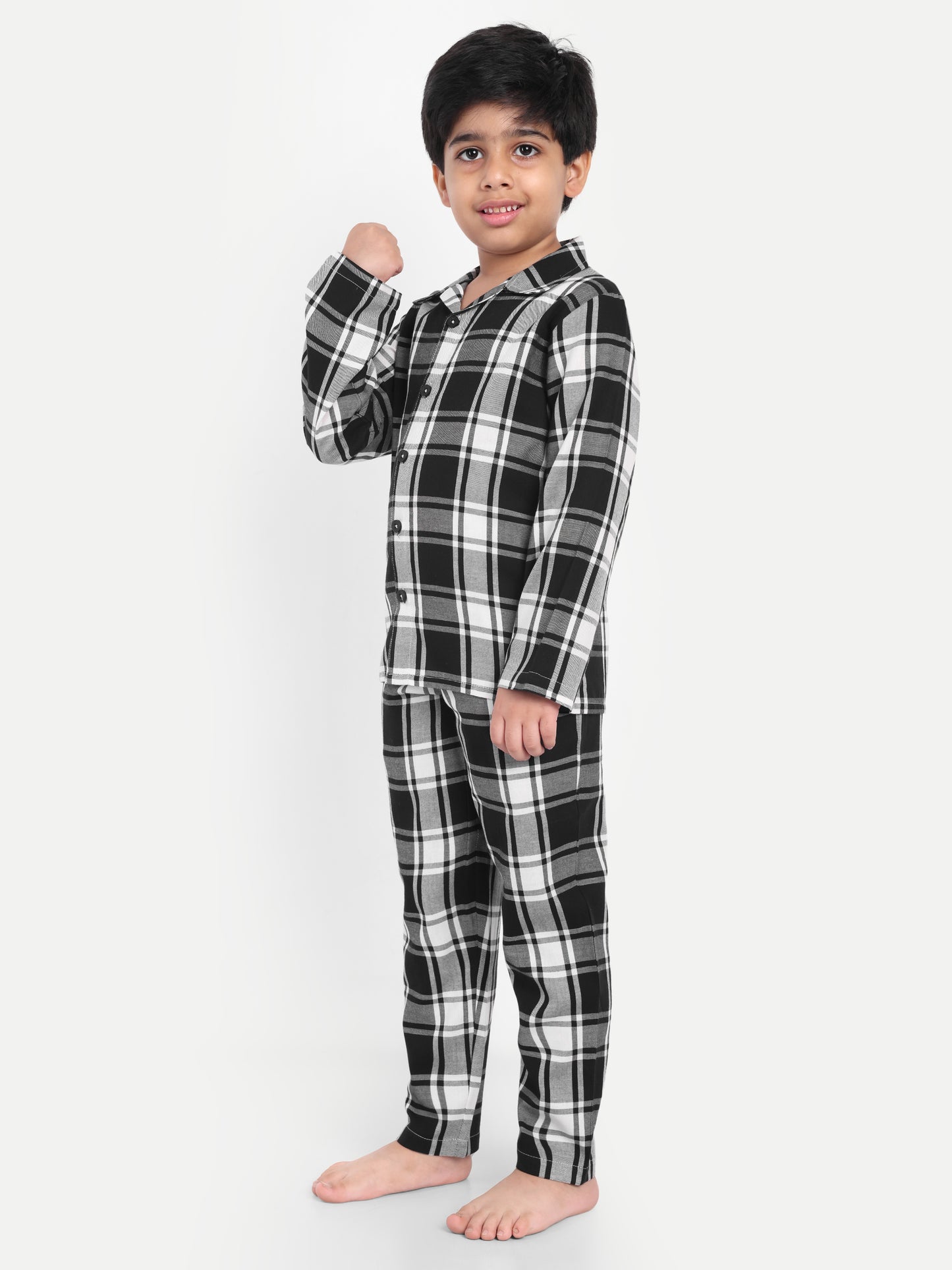Black Full Sleeves Checked Flannel Night Suit