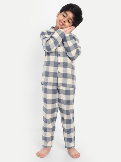 Blue Cotton Woven Checked Flannel Full Sleeve Night Suit