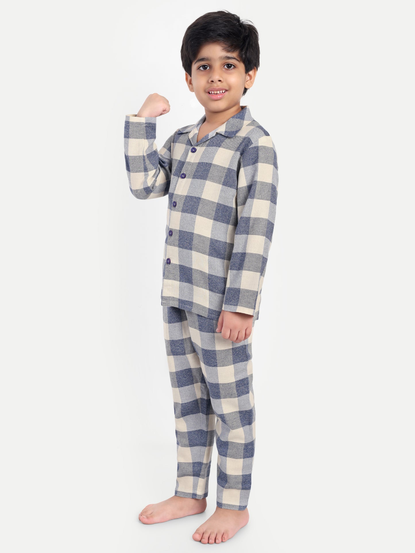 Blue Cotton Woven Checked Flannel Full Sleeve Night Suit