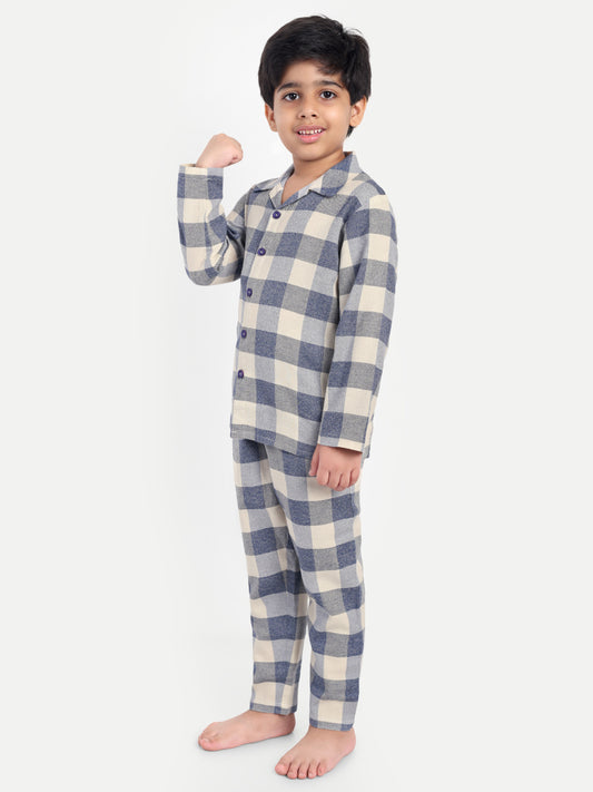 Blue Cotton Woven Checked Flannel Full Sleeve Night Suit