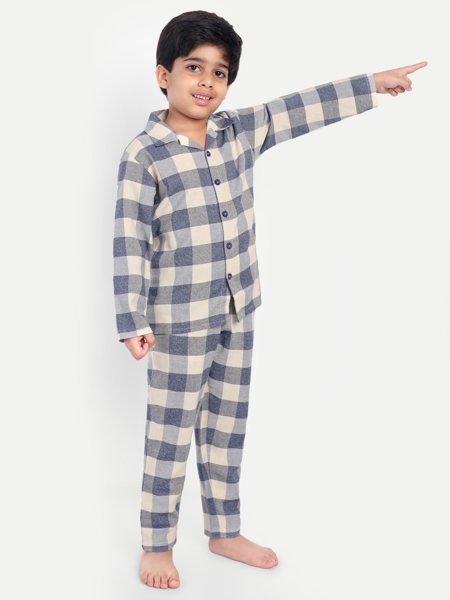Blue Cotton Woven Checked Flannel Full Sleeve Night Suit