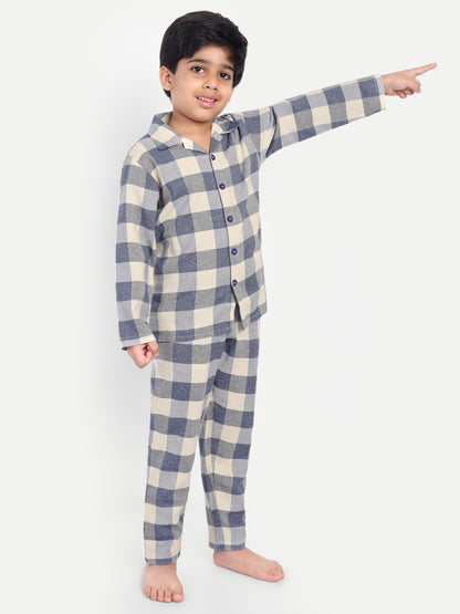 Blue Cotton Woven Checked Flannel Full Sleeve Night Suit