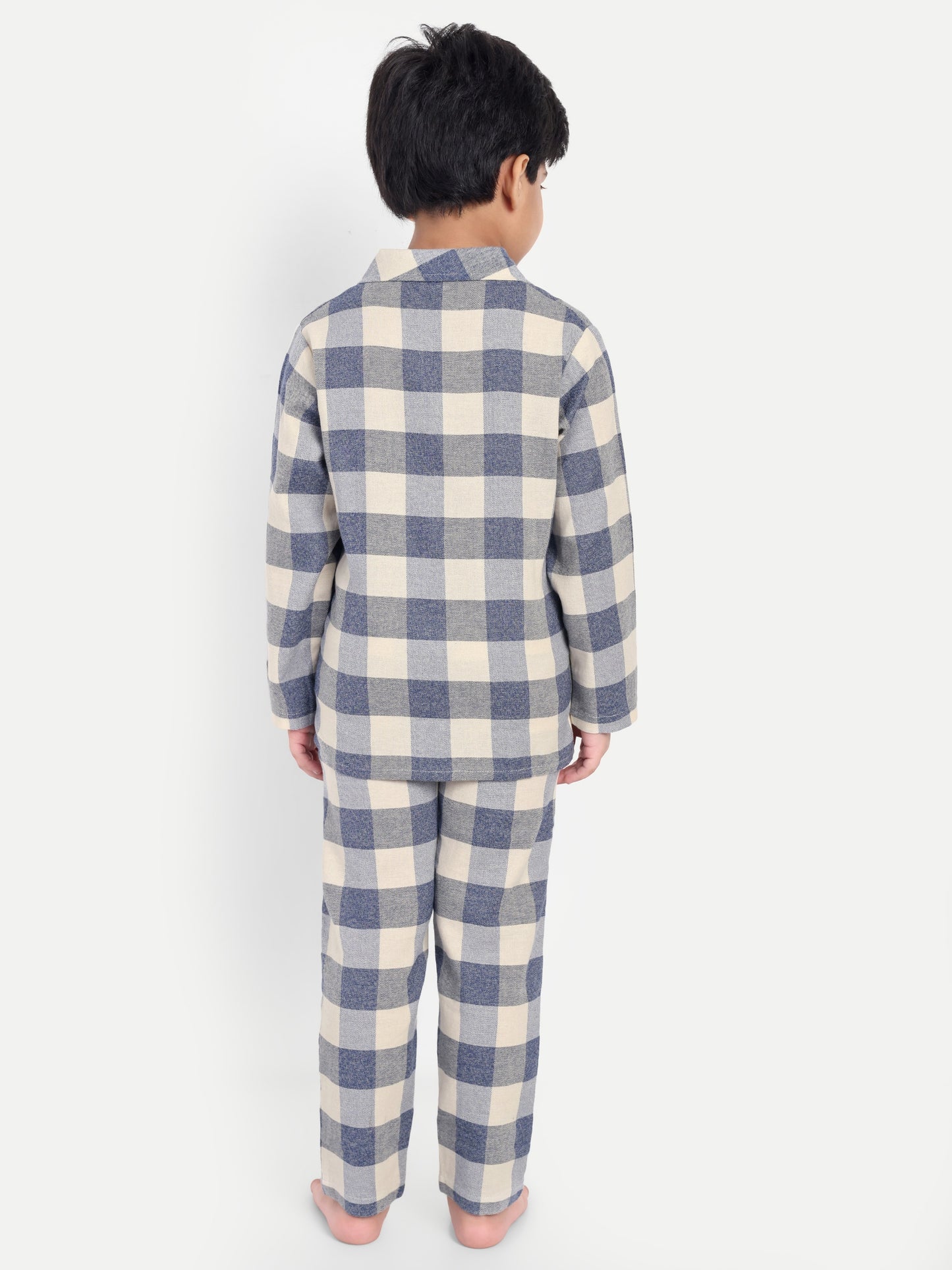 Blue Cotton Woven Checked Flannel Full Sleeve Night Suit