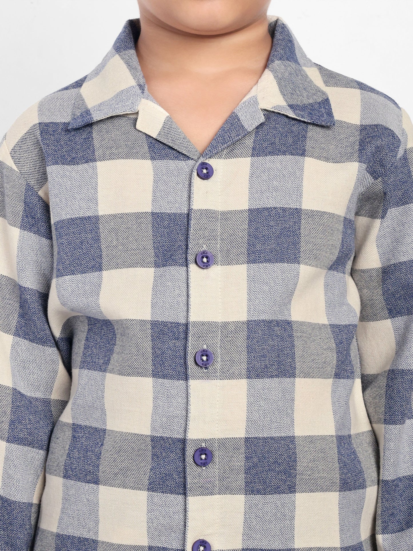 Blue Cotton Woven Checked Flannel Full Sleeve Night Suit