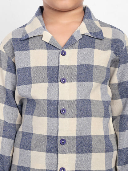 Blue Cotton Woven Checked Flannel Full Sleeve Night Suit