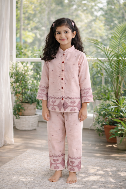 Peach Ethnic Motifs Cotton Full Sleeves Full Night Suit