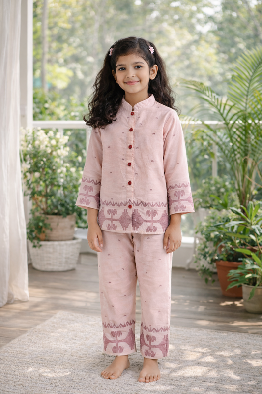 Peach Ethnic Motifs Cotton Full Sleeves Full Night Suit