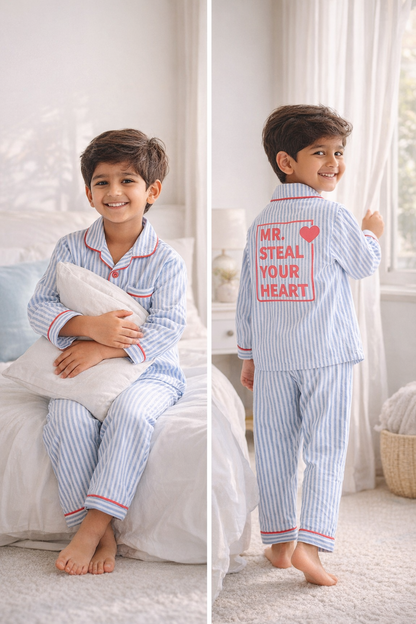Blue Typography Cotton Full Sleeves Full Night Suit