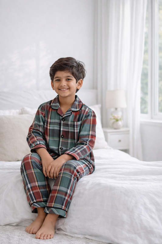 Green Checked Cotton Full Sleeves Full Night Suit