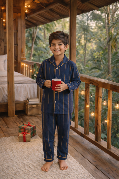 Blue Striped Cotton Full Sleeves Full Night Suit