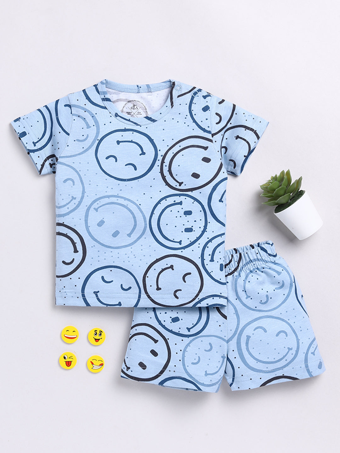 Blue Smile Emoji Print Half Sleeve Co-ord Set