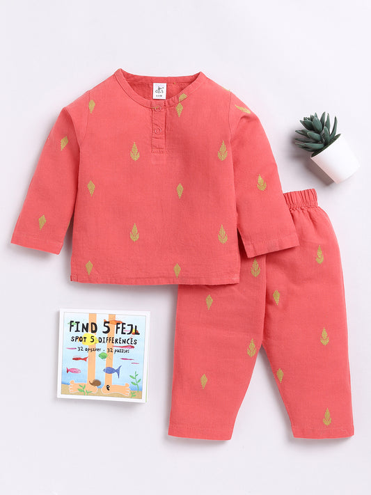 Peach Floral Full Sleeve Kurta Pyjama