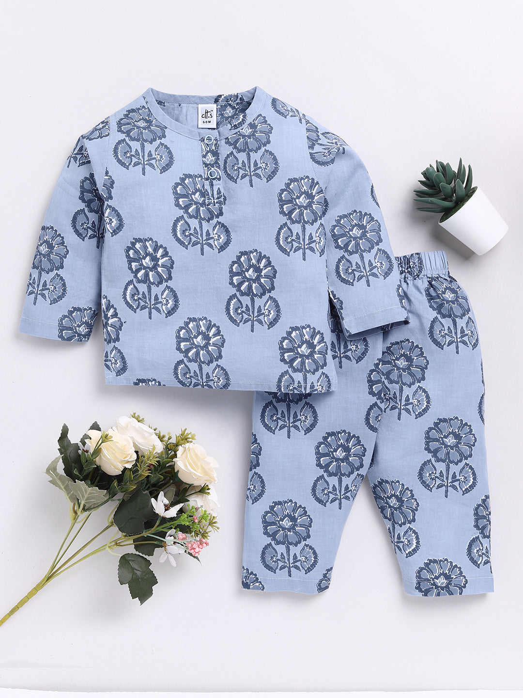 Blue Floral Full Sleeve Kurta Pyjama