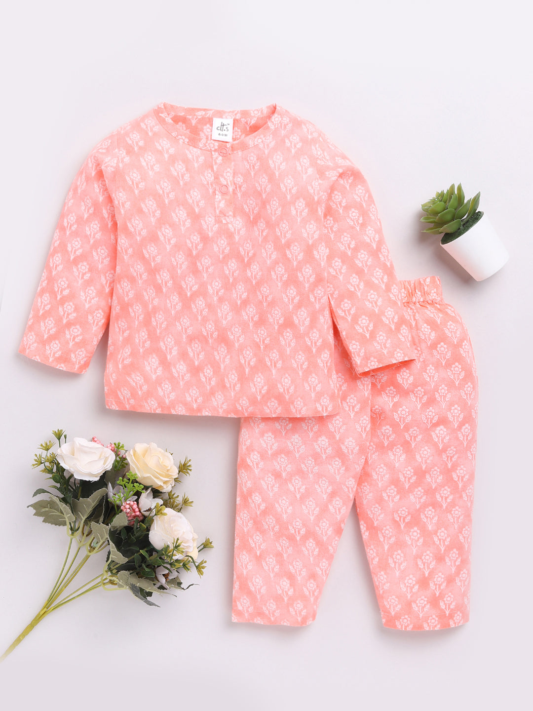 Peach Floral Full Sleeve Kurta Pyjama