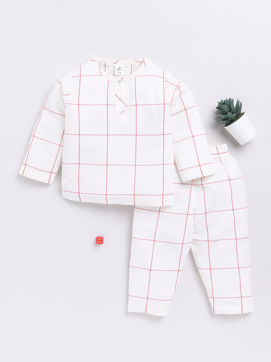 White & Red Checked Full Sleeve Kurta Pyjama