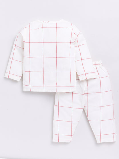 White & Red Checked Full Sleeve Kurta Pyjama