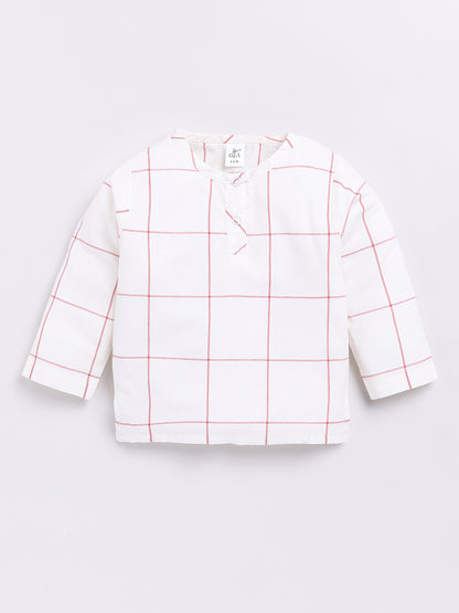 White & Red Checked Full Sleeve Kurta Pyjama