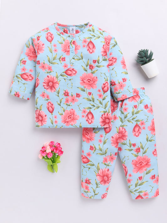 Blue Floral Long Sleeves Kurta Pyjama