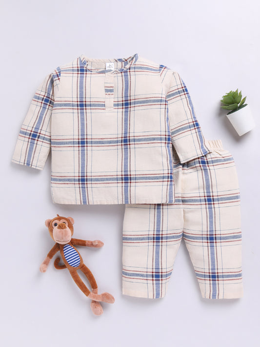 Cream Checked Long Sleeves Kurta Pyjama