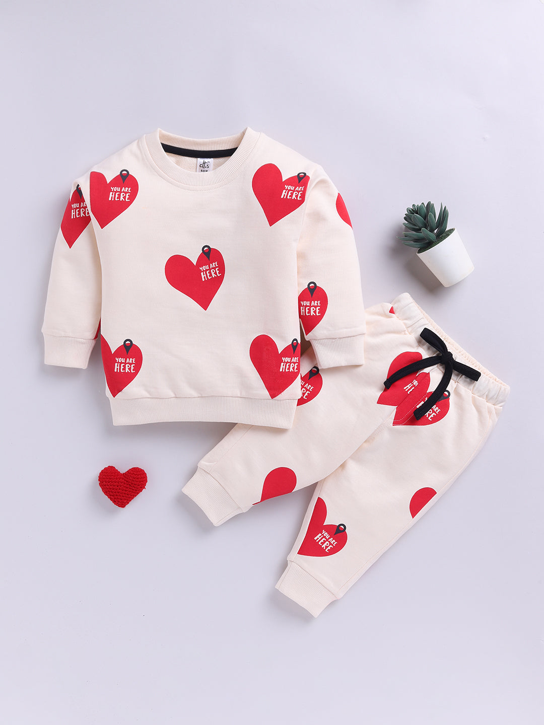 'Hearts' Cream Cotton Full Sleeve Co-ord Set