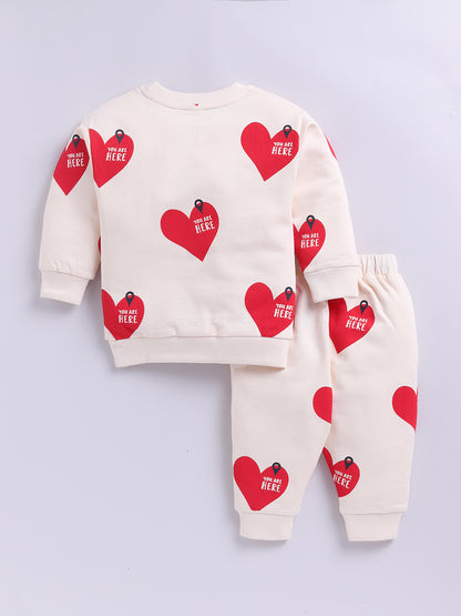 'Hearts' Cream Cotton Full Sleeve Co-ord Set