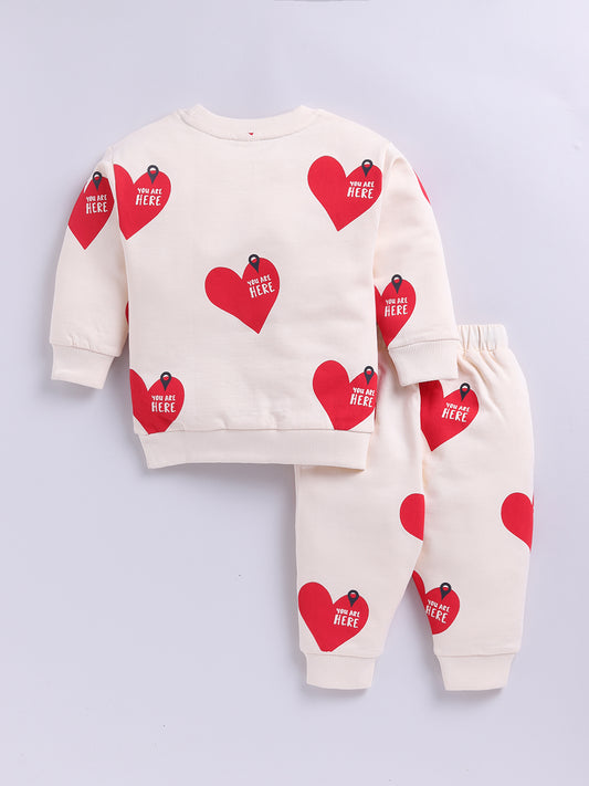 'Hearts' Cream Cotton Full Sleeve Co-ord Set
