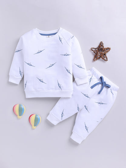 'Airplane' White Cotton Full Sleeve Co-ord Set