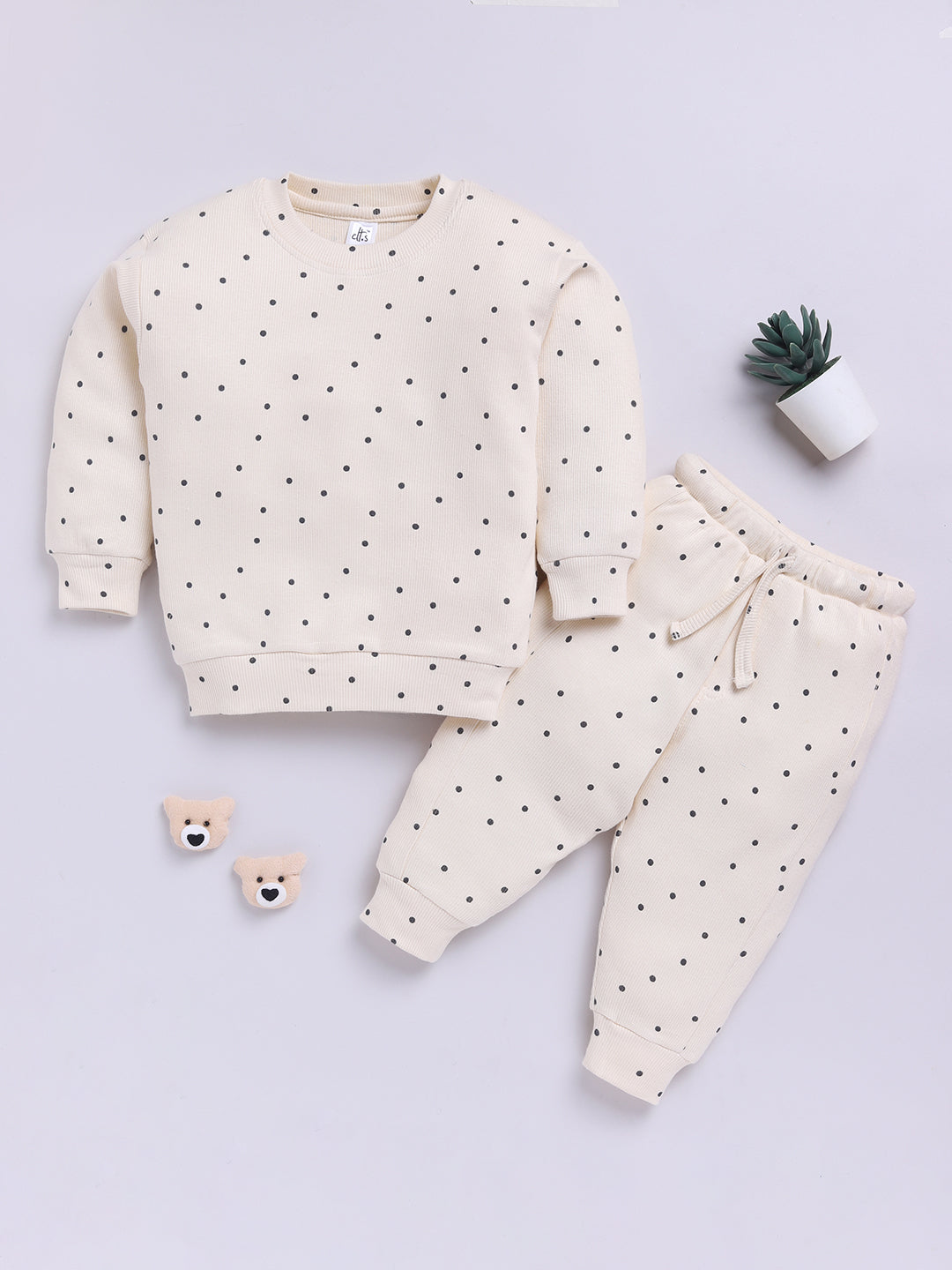 Beige Cotton Polka Dots Full Sleeve Co-ord Set
