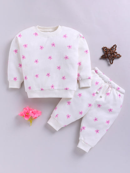 Cream Cotton Knitted Floral Full Sleeve Co-ord Set