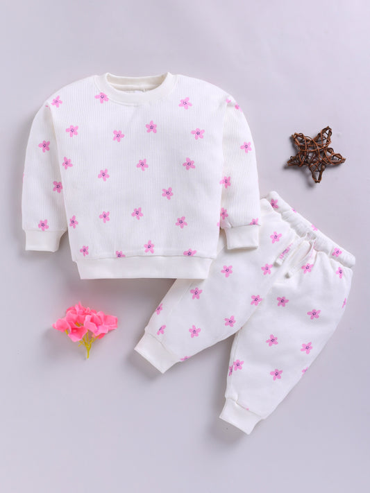 Cream Cotton Knitted Floral Full Sleeve Co-ord Set