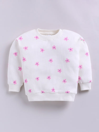 Cream Cotton Knitted Floral Full Sleeve Co-ord Set