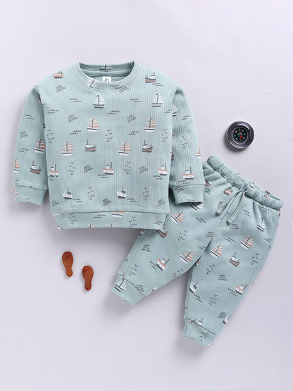'Boats' Green Cotton Full Sleeve Co-ord Set
