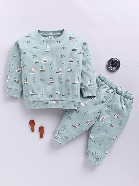 'Boats' Green Cotton Full Sleeve Co-ord Set