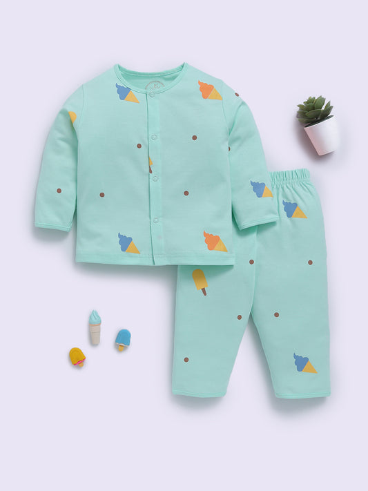 Ice Cream Printed Sea Green Cotton Full Sleeve Night Suit