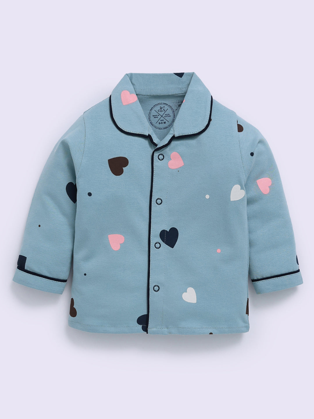 Teal Hearts Print Full Sleeve Night Suit