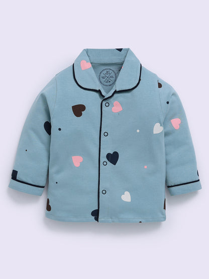 Teal Hearts Print Full Sleeve Night Suit