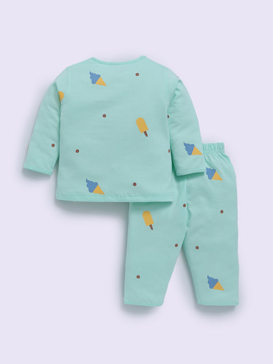 Ice Cream Printed Sea Green Cotton Full Sleeve Night Suit