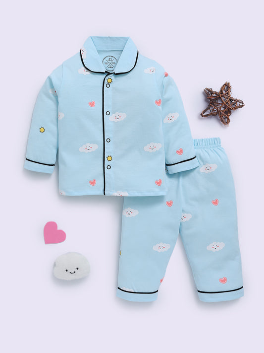 Blue Cotton Graphic Full Sleeve Night Suit
