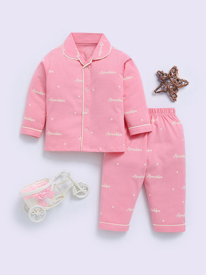 Pink Cotton Typography Full Sleeve Night Suit