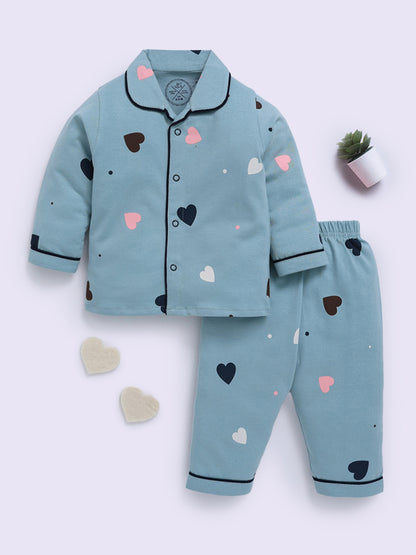 Teal Hearts Print Full Sleeve Night Suit
