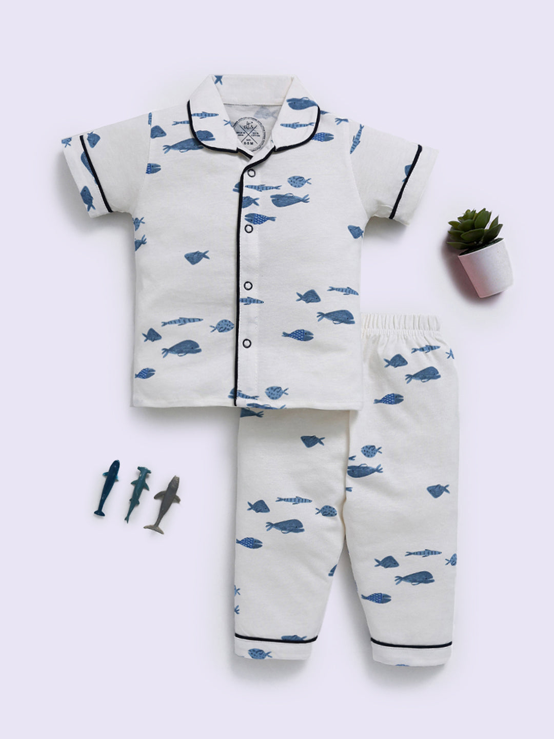 'Sea World' Blue Cotton Half Sleeve Night Suit